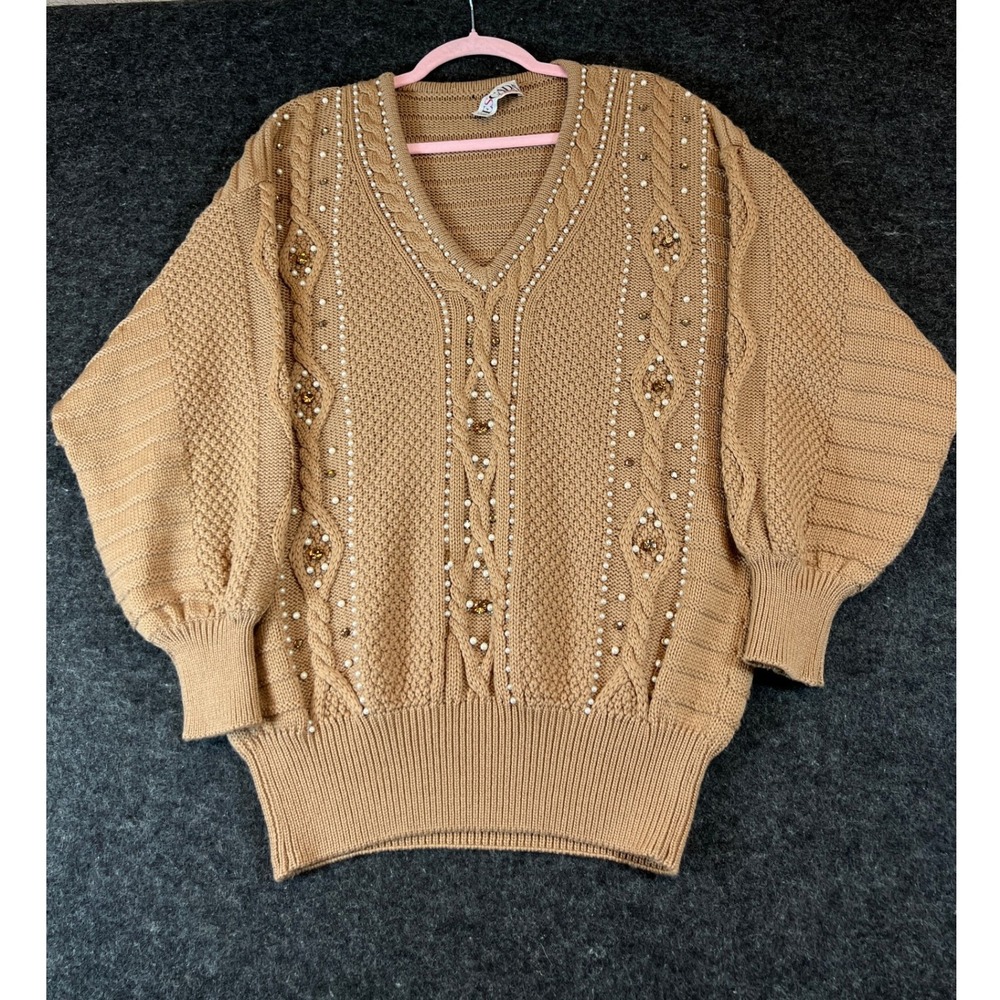 Vintage 80s Escada Margaretha Ley Wool Sweater Womens Tan 40 Cable Knit Pullover